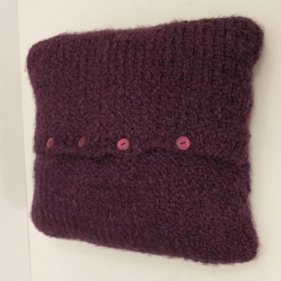 Purple Handmade Knit Pillow Handknit Soft Yarn Button Back Aubergine Eggplant - Picture 3 of 7